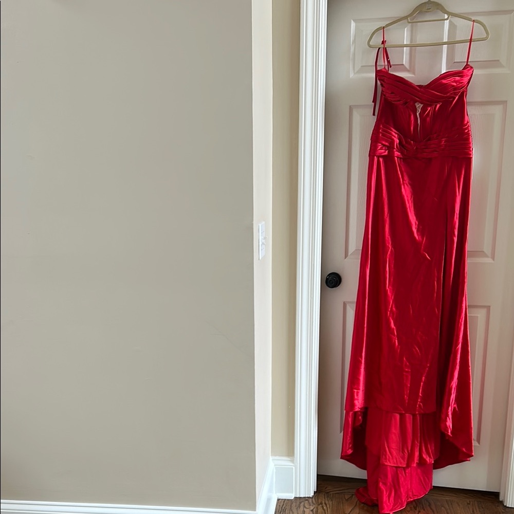 Red High Low Slit Gown with Spaghetti Straps